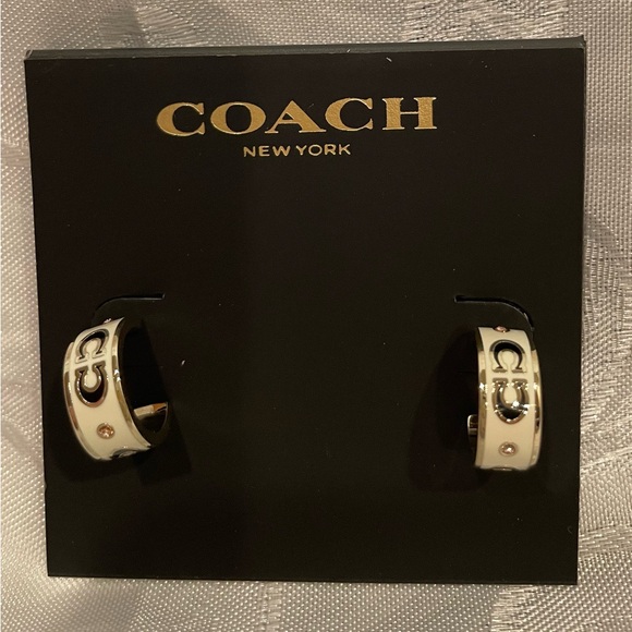 Coach Gold and Cream Logo Huggie Earrings. New - Picture 3 of 6